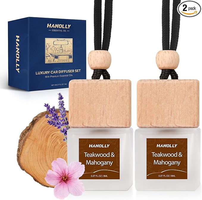 Car Air Freshener Hanging 2 Pack, Teakwood & Mahogany Essential Oil Diffuser for Car, Cute Air Fresheners, Long-Lasting Fragrance, Car Air Fresheners for Women & Men Gift