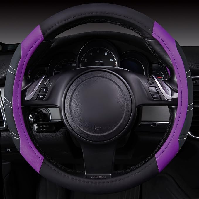 Line Rider Microfiber Leather Sporty 14.5-15 inch Steering Wheel Cover Universal Fits for 95% Truck,SUV,Cars, Anti-Slip Safety Comfortable Design (Black Purple)