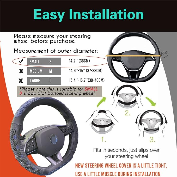 D Shaped 14 Inch Small Sized Steering Wheel Cover Great Grip with 3D Honeycomb Anti-Slip Design, Flat Bottom 14 Inch (Blue)