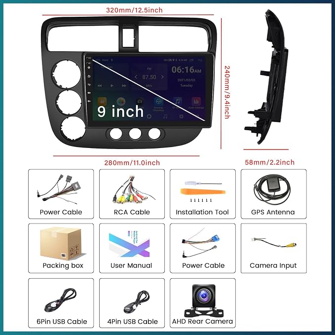 2G+64G Android Car Stereo for Honda Civic 2000-2005 Wireless A-pple CarPlay Android Auto, 9" HD Touchscreen GPS Navigation WiFi EQ Audio Bluetooth 26-UI Mirror Link FM/RDS SWC+ Bakup Camera Mic