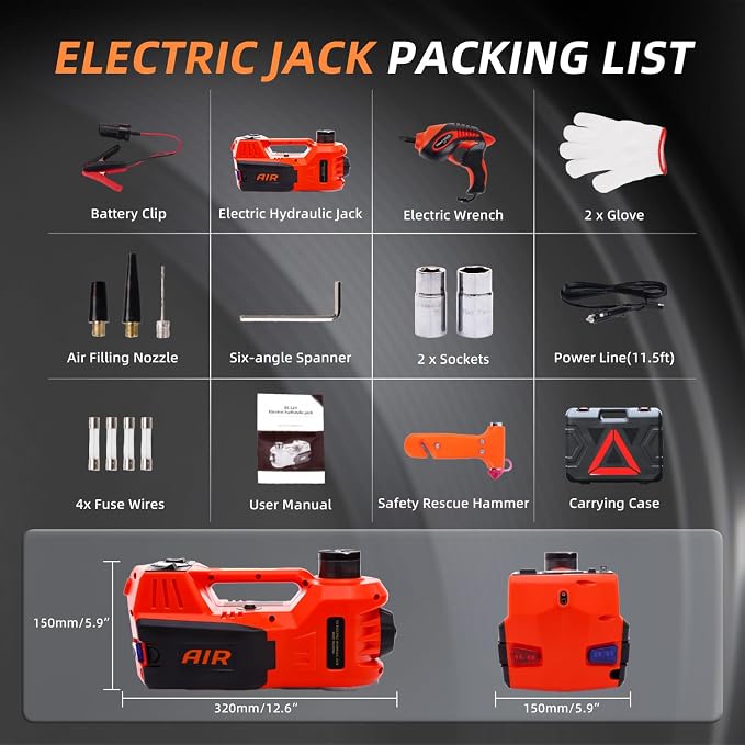Electric Car Jack Kit 5 Ton 12V Electric Jack for Car with Impact Wrench and Tire Inflator Pump for SUV Sedan Truck Change Tires Garage Repair