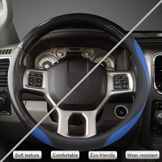 Customized Auto Car Steering Wheel Cover for Dodge RAM 1500 2500 3500, 15.5-16 inch (Black+Blue-Large Size)