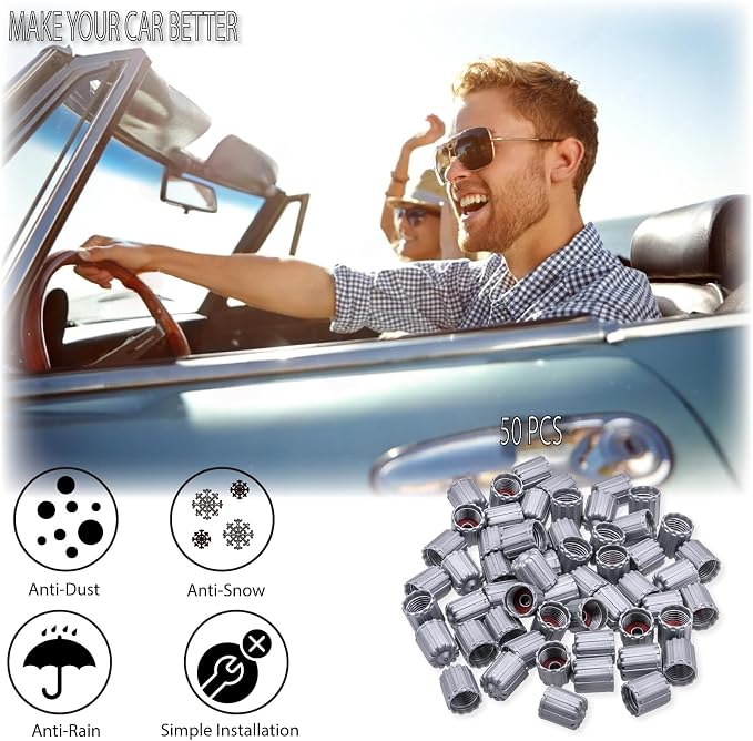 50PCS TPMS Tire Valve Stem Caps, Plastic Wheel Tire Valve Stem, with O-Ring Rubber Seal, Universal Tire Valve Stem Covers for Cars, SUV, Trucks, Bikes, Motorcycles, Bicycles(Gray)