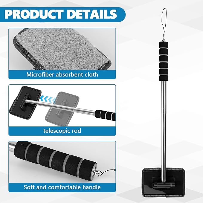 Car Windshield Cleaning Tool, Car Windshield Window Cleaner, Auto Glass Wiper Tool with Extendable Handle & Reusable Microfiber Pad, Universal Vehicle Cleaning Car Accessories (Black)
