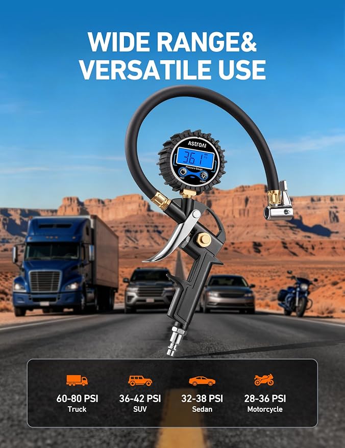 Digital Tire Pressure Gauge with Inflator, 3-250PSI Air Compressor Accessories with Heavy Duty Air Chuck Quick Connect Coupler, Fits 1/4" NPT – for Car Truck SUV RV, 1 Pack Compact