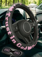 Christian Trust in God Car Steering Wheel Cover with 2 Pack Coasters for Women, PU Leather Pink Car Accessories, Religious Gifts, Universal 14.5-15.5" Fit for Cars, SUVs, Trucks