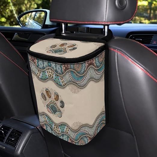 Boho Paws Print Car Trash Can with Lid, Leak Proof Auto Trash Bag Hanging Vehicle Garbage Can Multipurpose Storage Container for Back Seat Road Trip