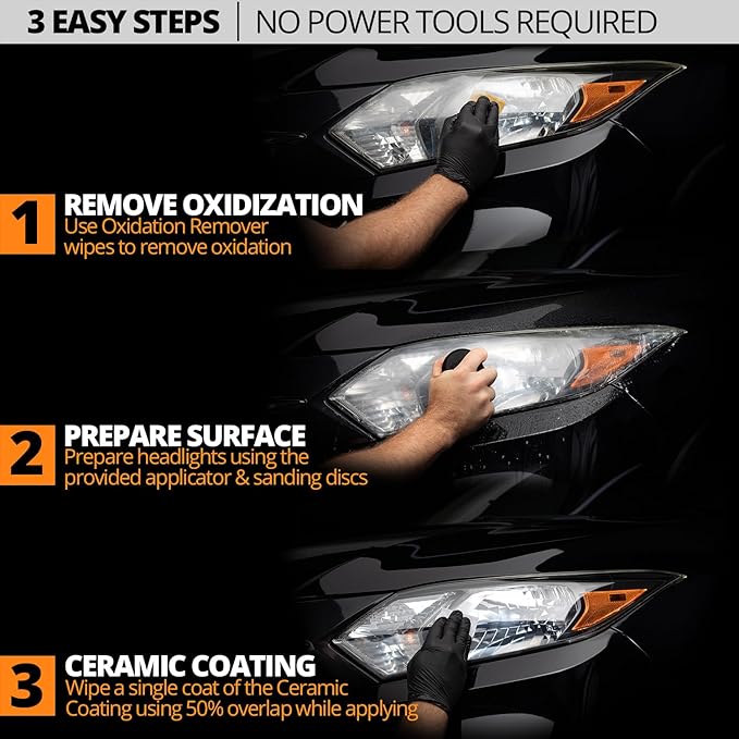 Ceramic Headlight Restoration Kit – Guaranteed To Last As Long As You Own Your Vehicle – Brings Headlights Back to Like New Condition - No Power Tools Required - 10 Wipe Kit