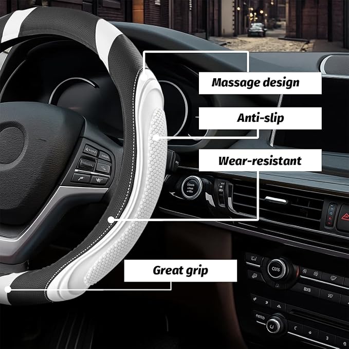 15 Inch Car Leather Steering Wheel Cover, Automotive Accessories Elastic Breathable Anti-Slip Soft Wheel Protector Fits Men and Women, Suitable for SUVs, Trucks, Vehicles and RVs (White)