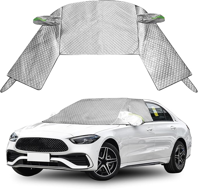 Windshield Window Snow Cover with 2 Hooks and 2 Mirror Covers Ice and Snow Front Window Sunshade Cover Fit for SUVs, Trucks, Cars (White-Sedans)