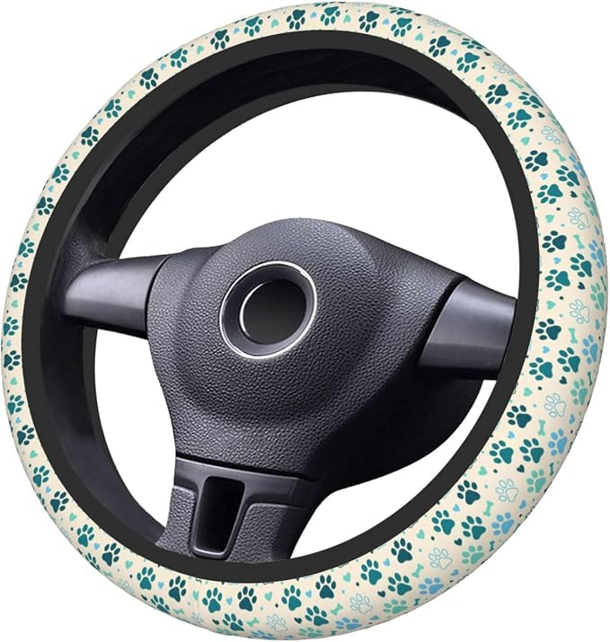 Teal Paw Print Steering Wheel Cover, 15 Inch Universal Fit Neoprene Steering Wheel Protector, Anti-Slip & Breathable Car Interior Accessory, Durable Auto Wrap for Women and Men, Fits Most Vehicles