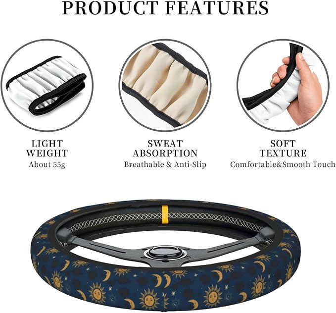 Elastic Stars Sun Moon Navy Boho Car Steering Wheel Cover Protector Upgrade Thicken,Durable Soft Car Accessories for Diverse Cars Truck SUV for Men Women Universal 15 Inch