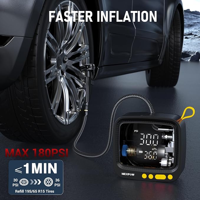 Tire Inflator Portable Air Compressor, 180 PSI Cordless Air Pump for Car Tires with Digital Pressure Gauge & Auto Shut-Off, Air Compressor Portable for Car, Motorcycle, Bicycle, Ball, Yellow