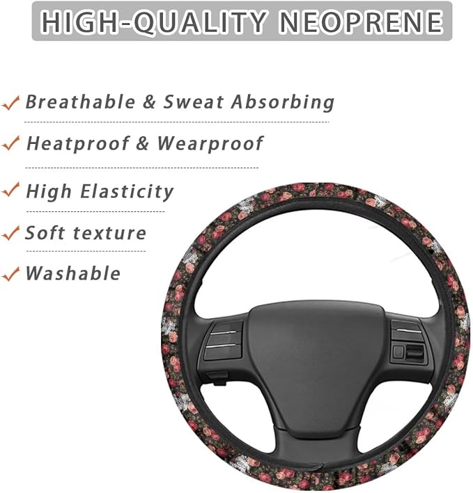 Auto Steering Wheel Covers Anti-Slip Safety Stretch-on 14-15 inch | Skull Flower Print, Steering Wheel Protector with Cloth for Women Keep Warm Comfort Grip Sweat Absorption Neoprene