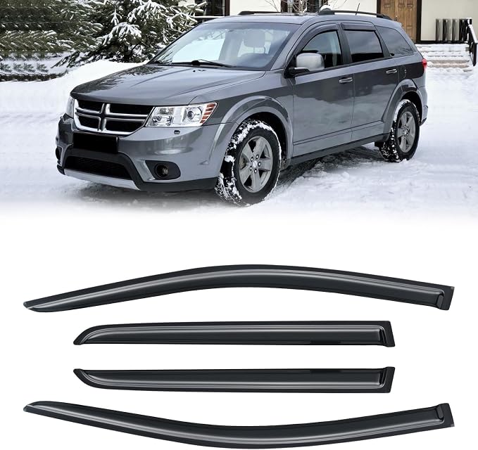 Rain Guards for 2009-2020 Dodge Journey, Out-Channel Window Visor Shields Vent Deflector Shade Wind Dark Smoke 2010 2011 2012 2013 2014 2015 2016 2017 2018 2019, Tape-On Outside-Mount, 4PCS