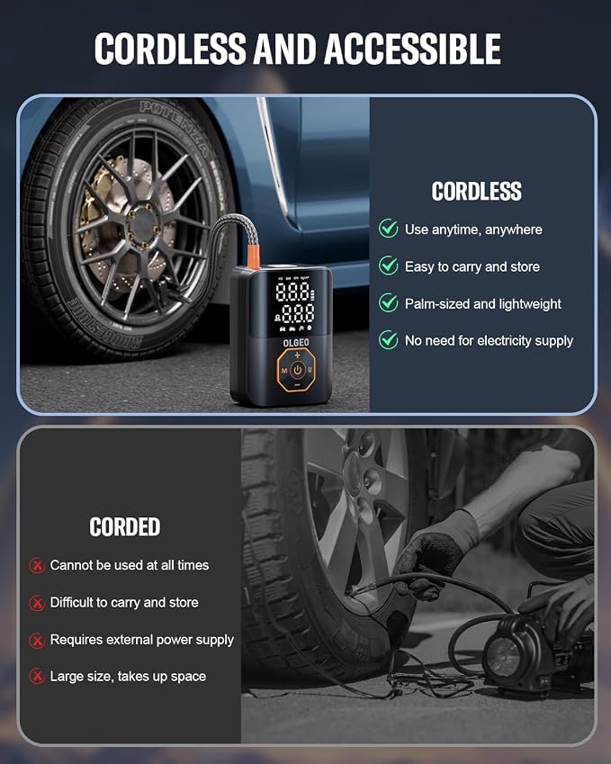 Portable 160PSI Cordless Tire Pump with Digital Gauge, Auto Stop & LED | Cordless Portable Tire Inflator 160PSI for Car Motorcycle Bike Ball