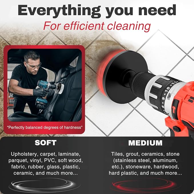 Drill Brush Attachments for Cleaning [Set of 6] Universally Cleans Cars, Rims, Upholstery, Tiles, and More I Brush Drill Attachment for Cleaning I Drill Brush for Car Detailing (Red)