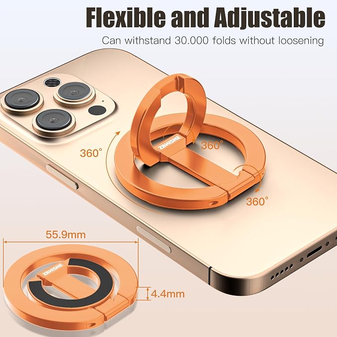 Magnetic Phone Ring for MagSafe Dual-Sided Magnetic Phone Grip Magnet Phone Stand Grip Compatible with iPhone 17/16/15/14/13 Pro Max Plus Mag Safe Accessory for Car Mounts (Orange)