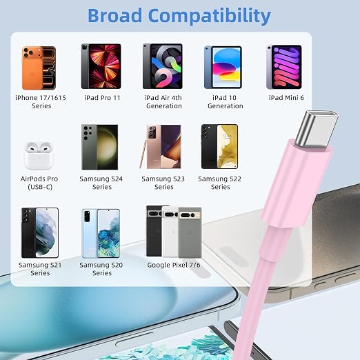 2Pack 6FT USB to USB C Cable for iPhone 17 16 15 Charger Cord, for Apple 17 16 15 Pro/Pro Max/Plus Type C Cord, for iPad Pro 12.9/11, Air 5th/4th Gen, Car Carplay Charging Cable for Android(Pink)