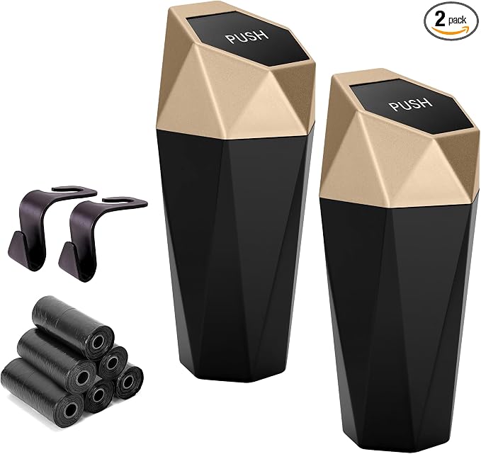 Car Trash Can Cup Holder, 2 Pack Mini Car Trash Can with Lid, Car Accessories for Interior, Leakproof Small Trash Cup for Car, Home with Additional 2 ABS Hooks and 90pcs Trash Bags Golden