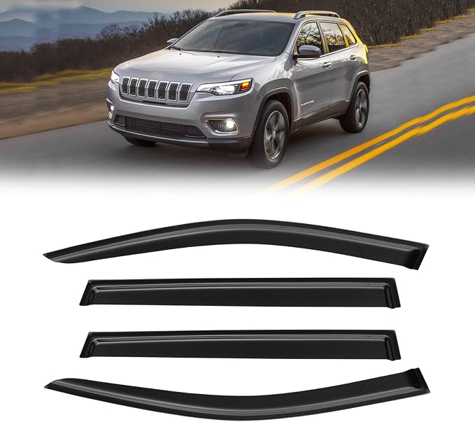 Rain Guards for 2014-2023 Jeep Cherokee, Out-Channel Window Visor Shields Vent Deflector Shade Wind Dark Smoke Jeep Cherokee KL Latitude Altitude Limited Trailhawk, Tape-On Outside-Mount, 4PCS