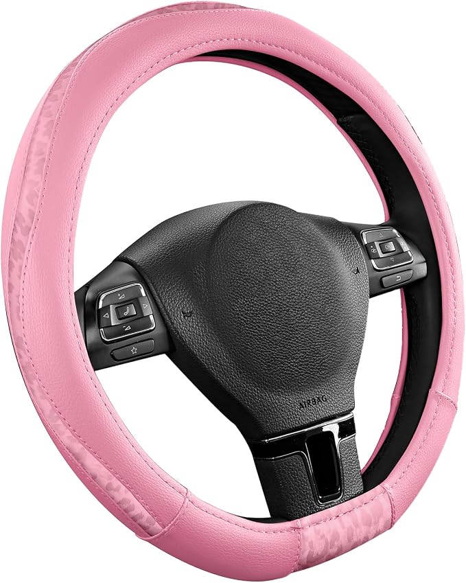 Steering Wheel Cover - Flat Bottom Wheel Cover Made with PVC Leather and Leopard Fabric - Universal Fit for 15-Inch D-Shaped Automotive Steering Wheels (All Pink)