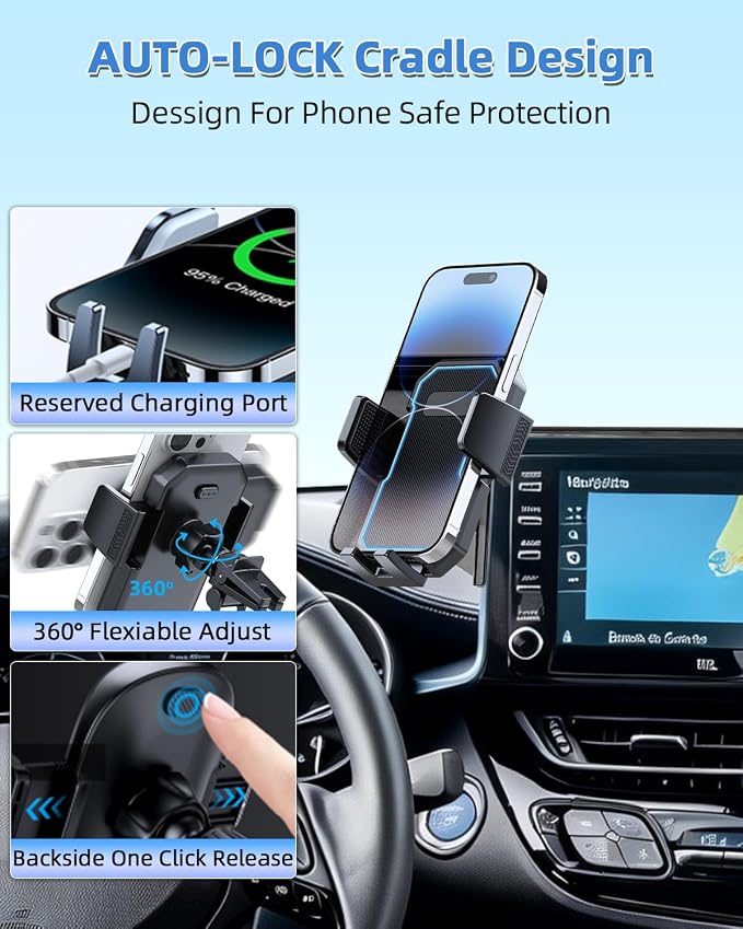 PZK Car Phone Mount for Toyota C-HR CHR 2019-2022 Accessories 8-inch Screen | Auto Lock Phone Holder One Button Release 360° Rotation Smart Phone Cradles Hands Free Not Affect Vent for All Smartphone
