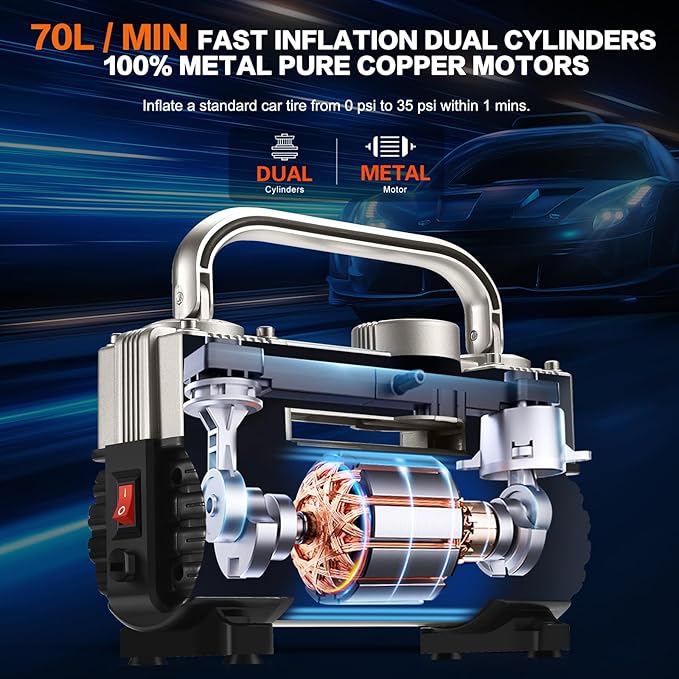 12V Heavy Duty Tire Inflator Metal Portable Air Compressor Pump | 6X Faster Inflation Dual Cylinders 150PSI Air Pump with Adapter for Car, RV,Pickup Truck, SUV, Van,Camper, Air Bed,Ball