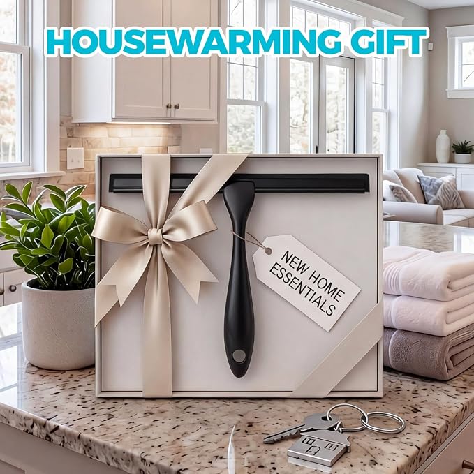 2pcs Shower Squeegee for Glass Doors with Adhesive Hanging Hook Set | 12” black, bathroom accessories, window cleaner, new home essentials, soft rubber blade, metal handle, ergonomic grip