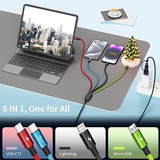 Travel Essentials 4 in 2 Multi Charging Cable [3Pack 5FT], Car Accessories Charging Cable, Chargers for Multiple Devices ith IP/Type C/Type C/Micro, Compatible with Most Phones/Tablets and More