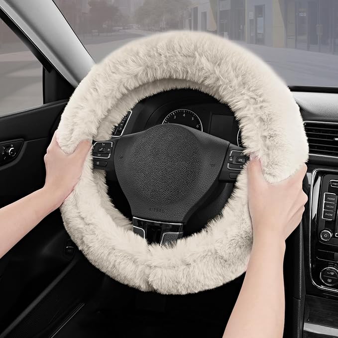Steering Wheel Cover, Fluffy Car Wheel Covers for Women/Girls/Ladies，Soft Wool Fur Steering Wheel Protector, Universal 14 1/2 inches to 15 inches - White
