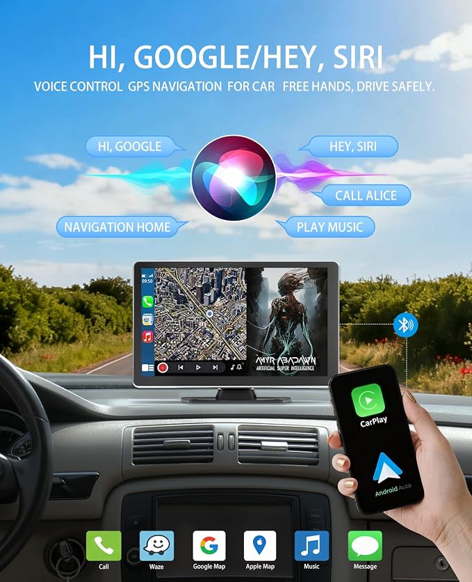 9" CarPlay Screen for Car, 4K Dash Cam Car Tablet for Apple Android Auto,1080P Rear Backup Camera, Wireless Portable Touch Voice Control Screen for GPS Navigation, Bluetooth, Mirror, Truck