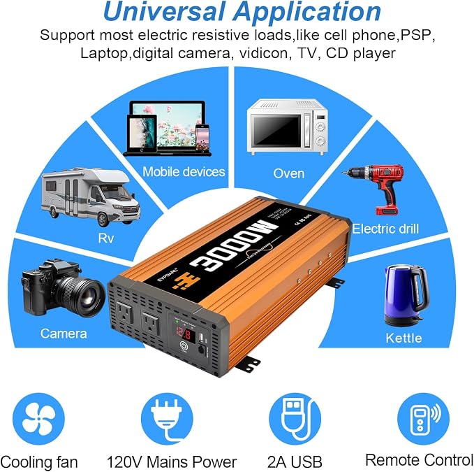 3000 watt Power Inverter Pure sine Wave 3000W 12v to 110v for car Vehicles Truck Camping Solar Panel Power Converter with Clamps and Remote car Power inverters 3000W