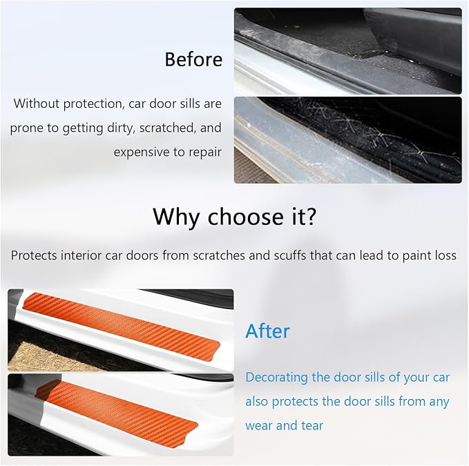 4 PCS Car Door Sill Protector, 3D Carbon Fiber Auto Door Entry Edge Guard Protection Trim, Anti-Scratch Threshold Cover Strips, Sill Protection Sticker for Car SUV Truck (Orange)