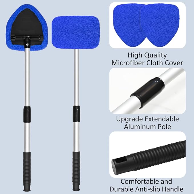 20 Pieces Windshield Cleaner Tool, Inside Car Windshield Cleaning Tool with 12 Microfiber Pads, 4 Spray Bottle, and Extendable Handles Car Window Cleaning Tool Kit, Blue