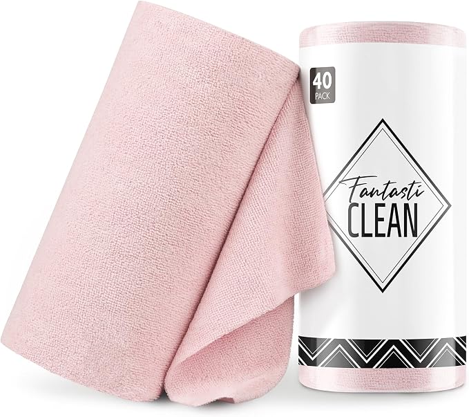 Microfiber Cleaning Cloth Roll -40 Pack, Tear Away Microfiber Towels, 12" x 12", Reusable, Washable, Lint Free, Ultra Absorbent Dishcloth for Car, Pet, Kitchen Cleaning Supplies (Pink)