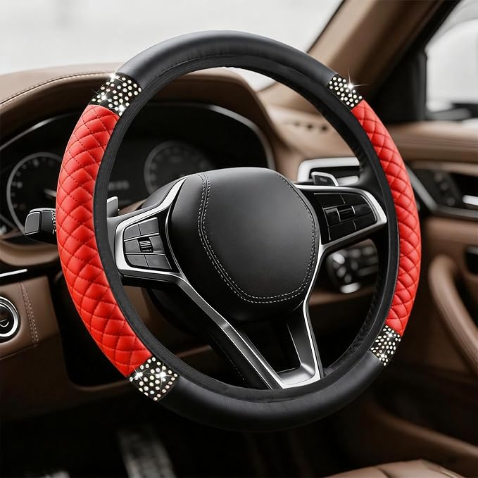 Bling Soft Leather Steering Wheel Cover, Steering Wheel Protector, 15 Inch Rhinestones Car Elastic Protector with Crystal Diamond for Women Girls, Car Accessory for Vehicles (Red)