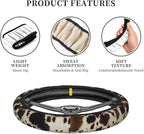 Cow Print Steering Wheel Cover - 2 Car Cattle Cup Coasters | Anti-slip Breathable Universal 14 - 15-In Vintage Cows Print Cute For Men Women