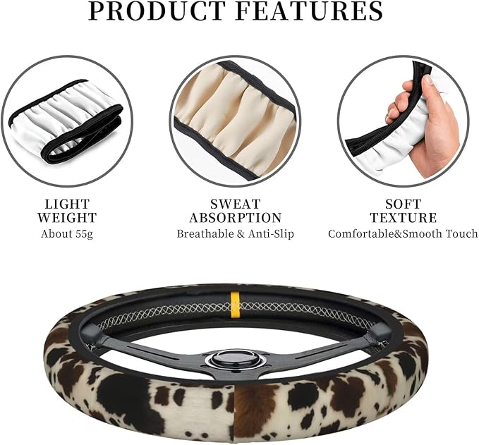 Cow Print Steering Wheel Cover - 2 Car Cattle Cup Coasters | Anti-slip Breathable Universal 14 - 15-In Vintage Cows Print Cute For Men Women