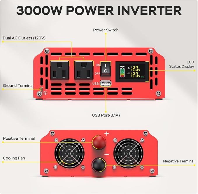 3000 Watts Power Inverter 12V DC to 110V/120V AC Converter Peak Power 6000W Car Inverter with LCD Display, 2 AC Outlets, 3.1A USB Port for RV, Camping,Truck, Boat, Off-Grid Solar System