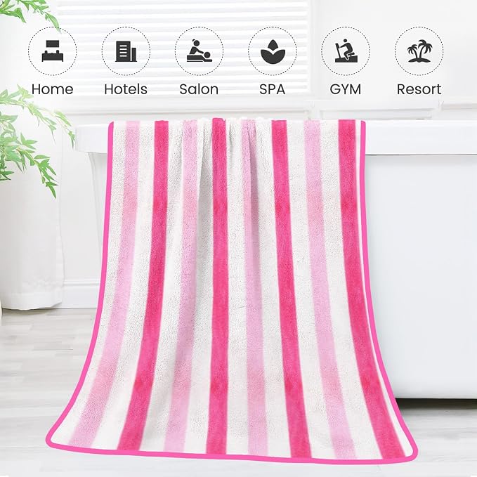 Microfiber Bath Towels,2 Pack(30" x 60"), Oversized, Soft, Super Absorbent, Fast Drying, Large Beach Towel Set for Sauna, Salon, Sports, Fitness, Yoga, Cabana Stripe Pink