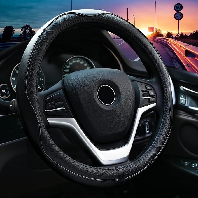 Steering Wheel Covers Universal 15 inch - Genuine Leather, Breathable, Anti Slip & Odor Free (Black with Black Lines, M(14" 1/2-15" 1/4))