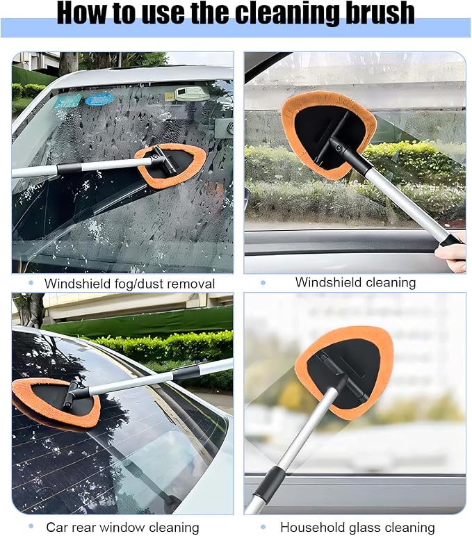 Car Windshield Cleaner Tool, Vehicle Window Detailing Cleaning Kit with Extendable Handle & 4 Washable Microfiber Pad, Auto Glass Wiper Cleaner for Exterior & Interior, Universal Fit (Orange)
