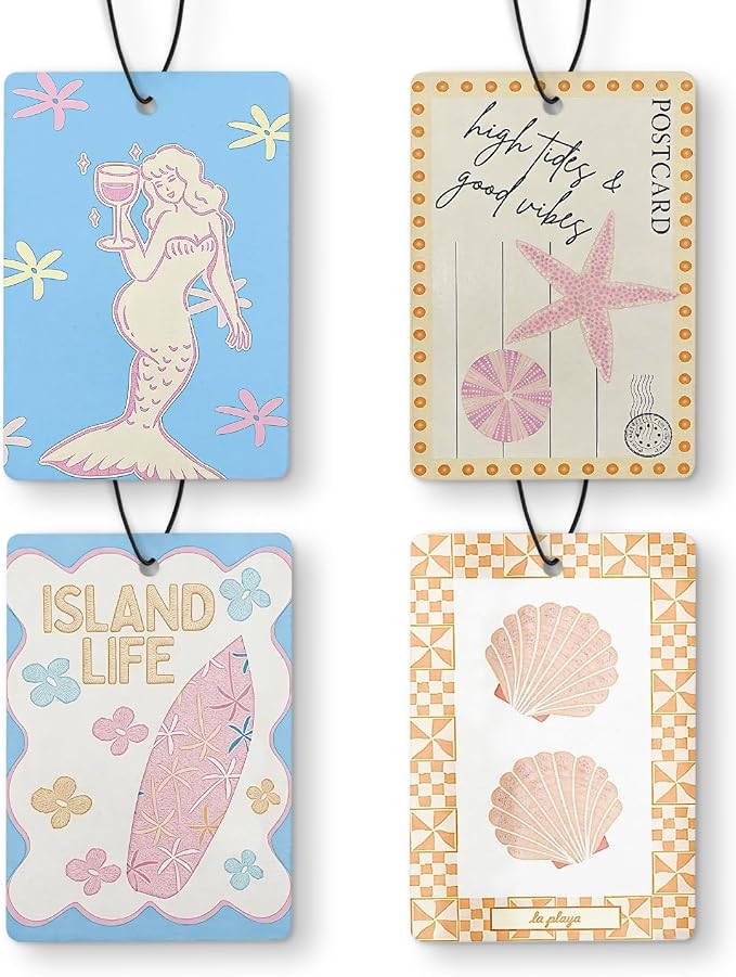 Pastel Coastal Summer Beach Car Air Freshener 4 Pcs, Mermaid Seashell Floral Surfboard Ocean Hanging Air Freshener for Cars Closet Drawer Books, Cute Beachy Car Accessories for Women Girls