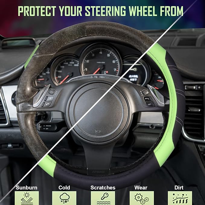 Line Rider Microfiber Leather Sporty Steering Wheel Cover Universal Fits for 95% Truck,SUV,Cars 14.5-15inch, Anti-Slip Safety Comfortable Design (Glows Lime Fluorescent Green)