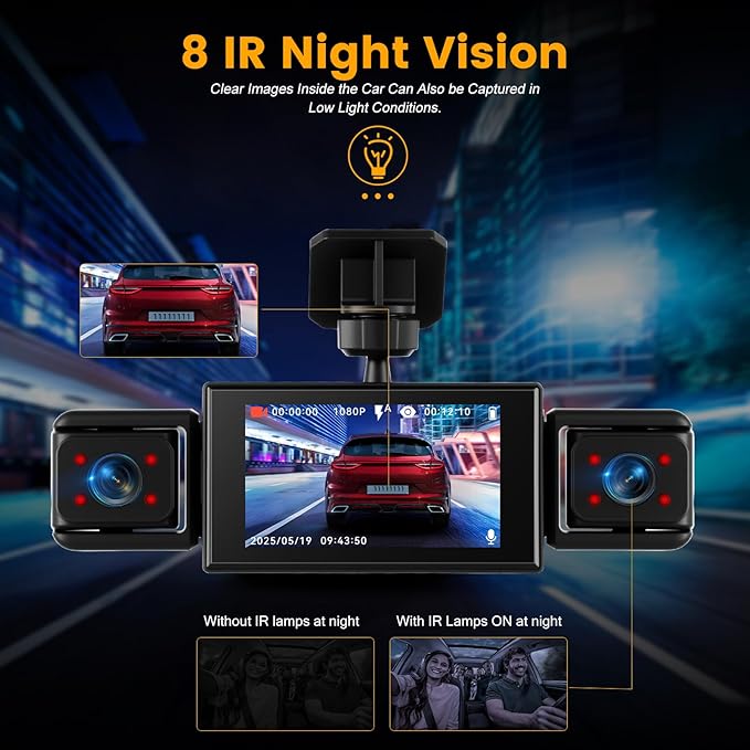 Dash Cam 3 Inch 1080P 4 Channel Dash Camera for Cars with Driving Loop Recording, Exposure Compensation, Motion Detection, Reverse Help, 360 Degree Protection