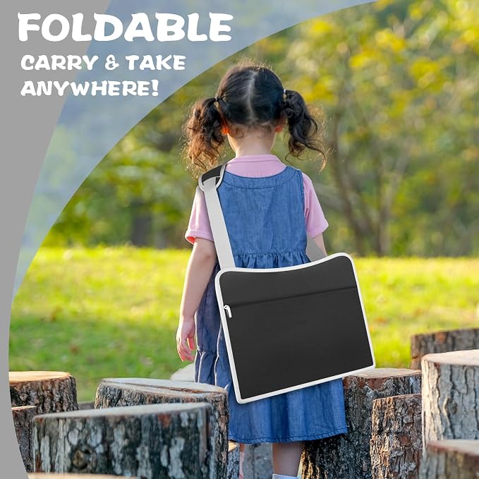 Kids Travel Tray for Car Seat, Road Trip Essential Kids Lap Tray | Toddler Gift for Boy Activities with Dry Erase Board, No-Drop iPad Holder Stand, Cooler Cup Holder & Adjustable Strap, Black