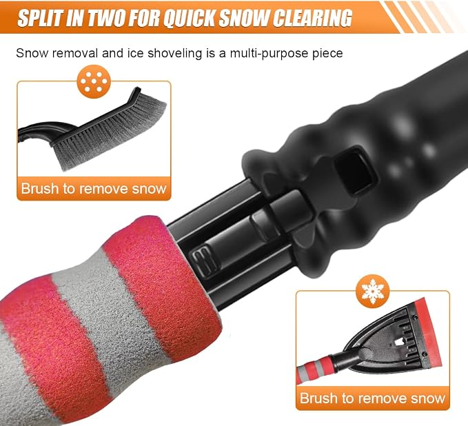 26" Snow Brush and Ice Scraper for Car Windshield – 2 in 1 Winter Snow Removal Tool with Detachable Ice Shovel – Universal Snow Scraper with Ergonomic Foam Grip, No Scratch Broom for SUV Truck (Red)