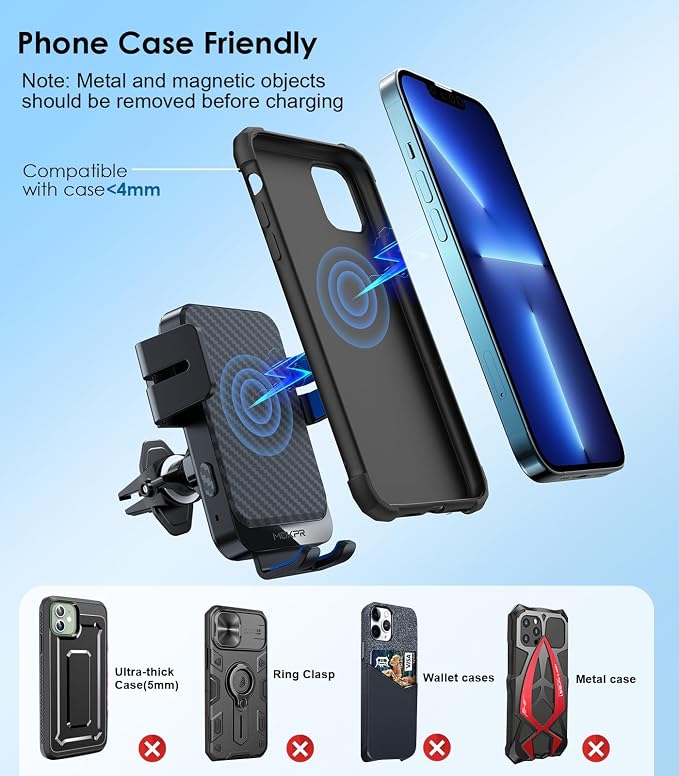 Wireless Car Charger, 15W Fast Charging Auto-Clamping Phone Mount Air Vent Cell Phone Holder Compatible iPhone 15/14/13/13 Pro/12 pro/12/11/X/8, Compatible Galaxy S23/S22/S21/S20, etc Blue