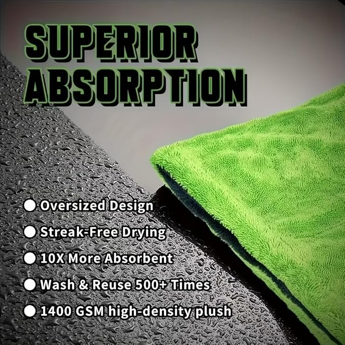 1200GSM Microfiber Car Drying Towel, Double-Twist Loop, Ultra-Absorbent, Quick-Dry, Lint- & Streak-Free, Scratch-Safe, for Car Wash & Detailing (1 Pack) (Dark Grey & Green, 24" x 36")